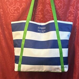 Kate Spade Blue and White Striped Tote with Green Accents